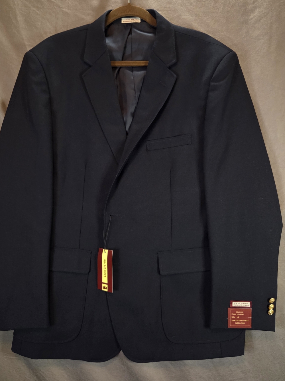 NWT Louis Martin Mens Navy Blue Wool Blend Blazer Sport Coat Gold Buttons 44R